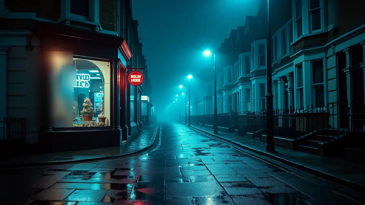 A quiet British terraced street in the rain at night